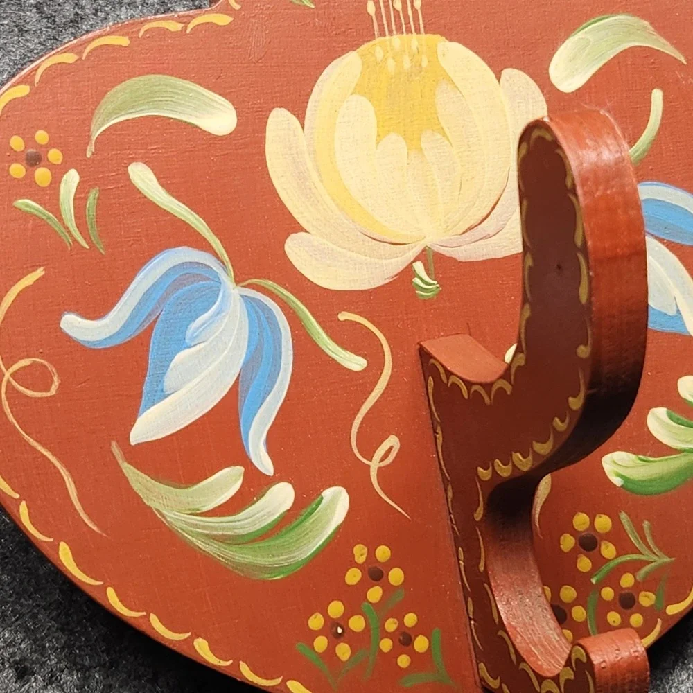 Vintage Folk Art Country Floral Wall Hanging Hook Cottagecore 1980s Handmade